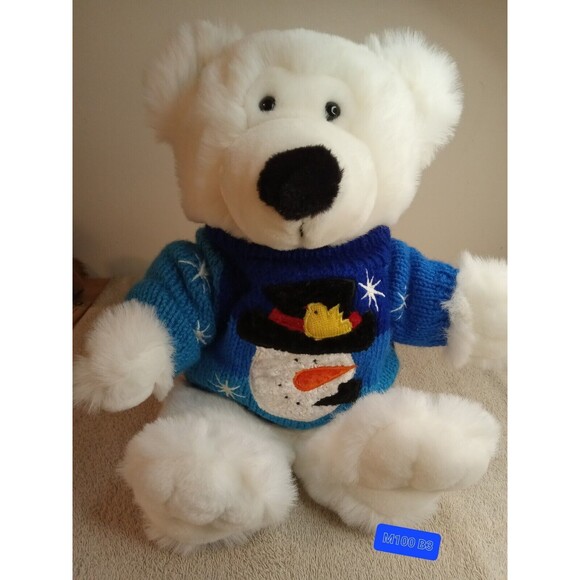 Teddy Bear 13” SITTING Plush Stuffed Animal White Winter Sweater - Picture 1 of 5